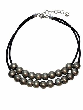 Silver Tone Bead Necklace Black Braided Faux Leather Multi Strand Statement